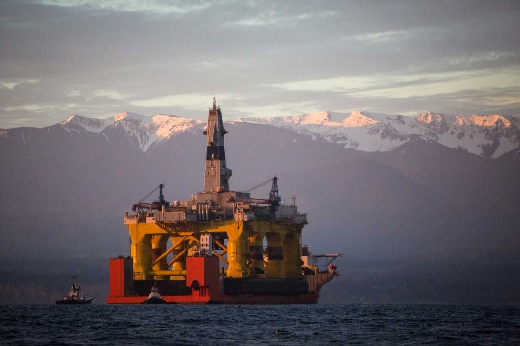 The Shell oil rig enters the Port Angeles Harbor on Friday, April 17, 2015. The rig will stay in Port Angeles for two weeks before heading to Seattle.