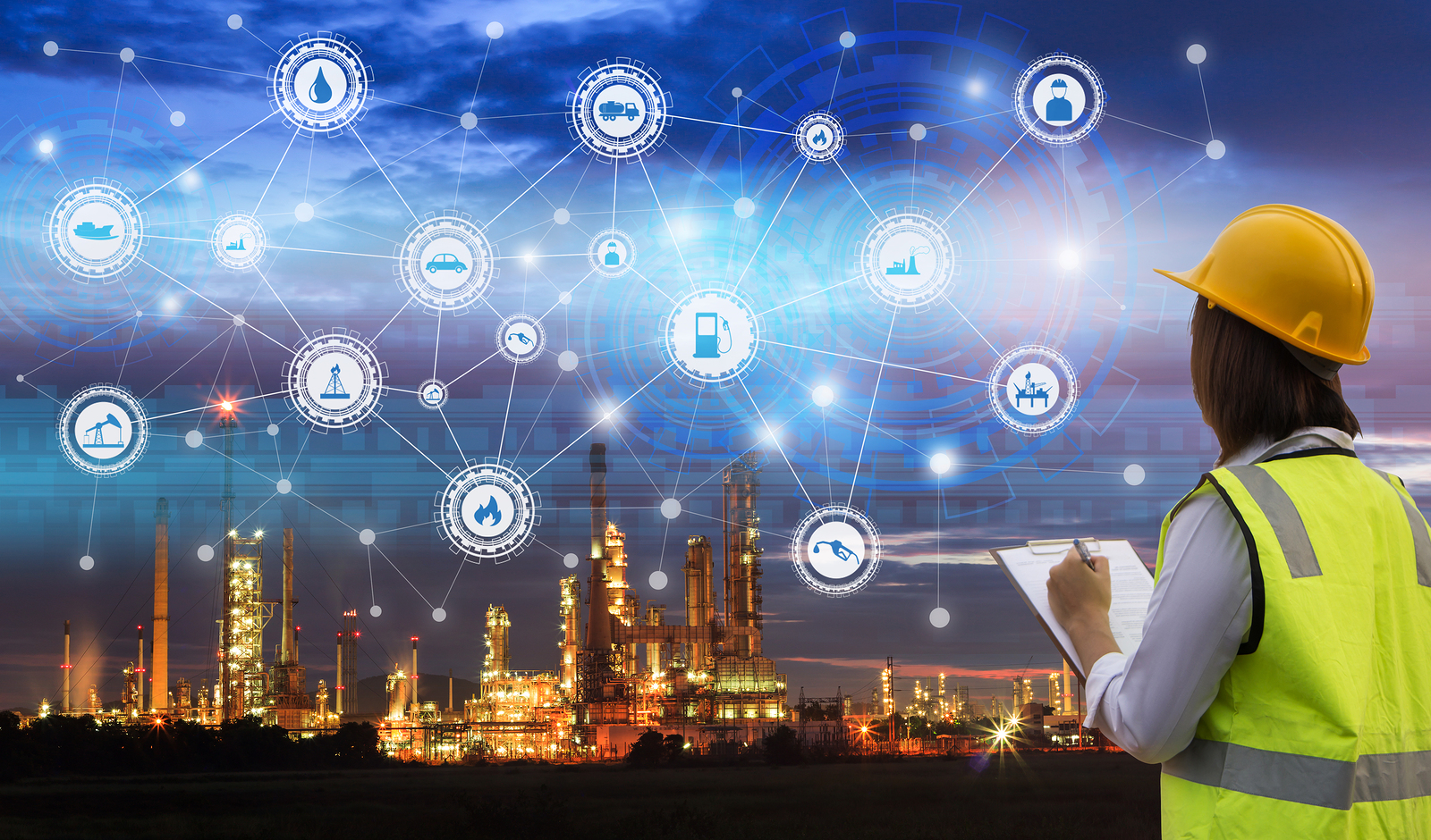 Industry 4.0 concept engineering use clipboard with checking and industrial icons on oil refinery industry sunset background.