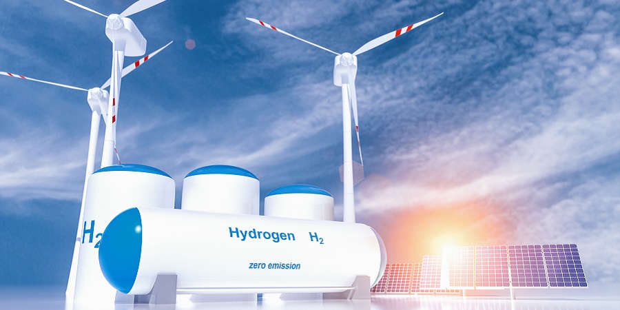 Hydrogen renewable energy production - hydrogen gas for clean electricity solar and windturbine facility. 3d rendering.